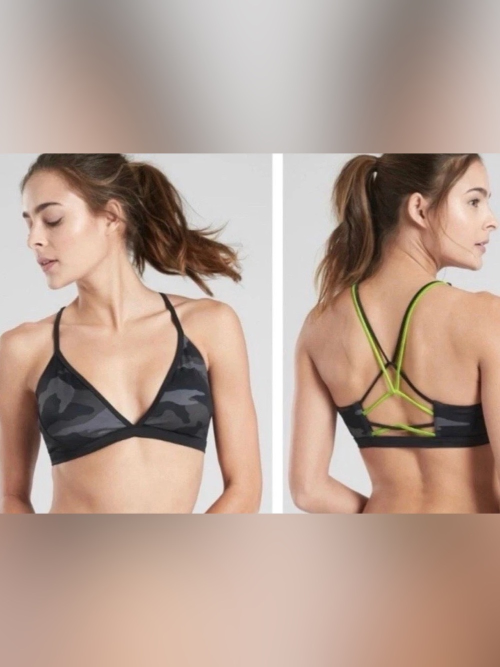 Athleta Charcoal Camo Bikini Top with Neon Green Straps size M